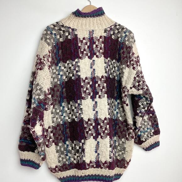 Vintage 90s Chunky Knit Plaid Cottagecore Coastal Fisherman Wool Sweater XXL - Picture 5 of 8